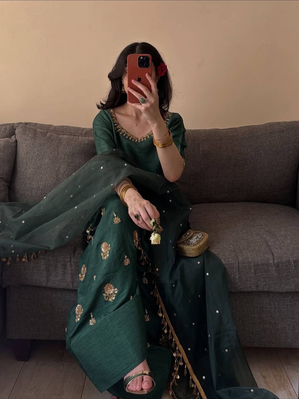 Majestic Emerald Green Kurta and Salwar Suit Set Featuring Intricate Gold Embroidery, Floral Motifs, and Ornate Coin Tassel Embellishments